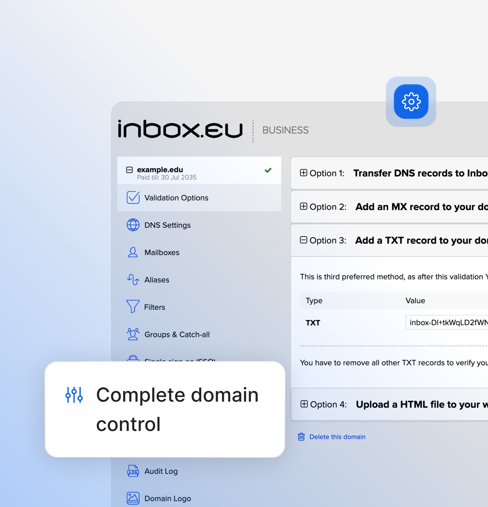 Business email admin panel dashboard interface