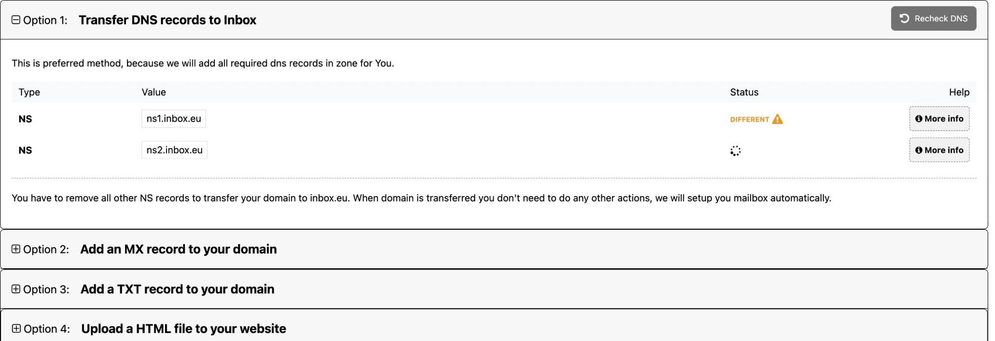 01-validation-options-nameservers Inbox.eu admin panel Validation Options screen, Option 1 expanded to show the NS records ns1.inbox.eu and ns2.inbox.eu, with Options 2, 3 and 4 collapsed below, the first step to move business email from Google Workspace.