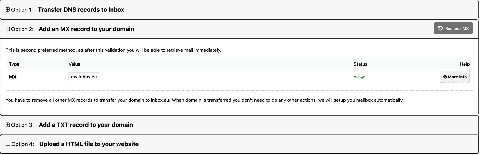 02-validation-mx-record Inbox.eu validation Option 2 expanded, showing the MX record value mx.inbox.eu with status OK.